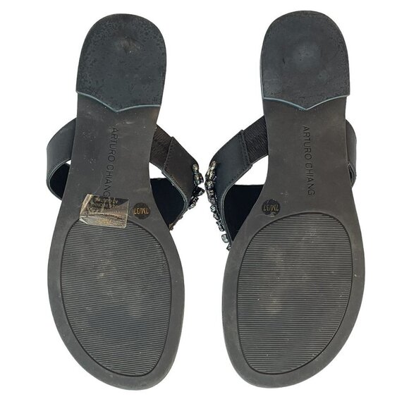 Arturo Chiang Black Leather Flip Flop Sandal with Rhinestone Embellishment 7 - Picture 6 of 11